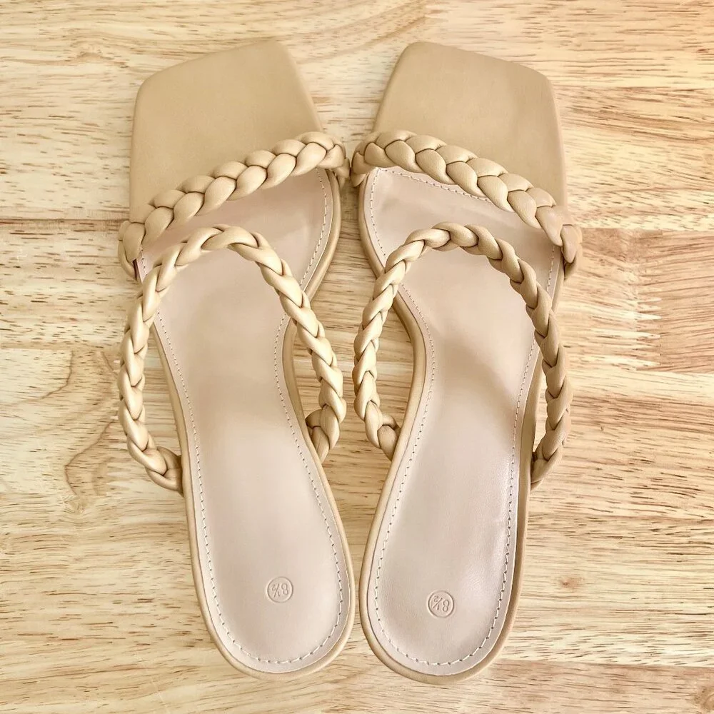 Women's 8.5 Nude Tan Beige Vegan Leather Braided Strappy Square Toe Sandal Heels - Picture 7 of 8